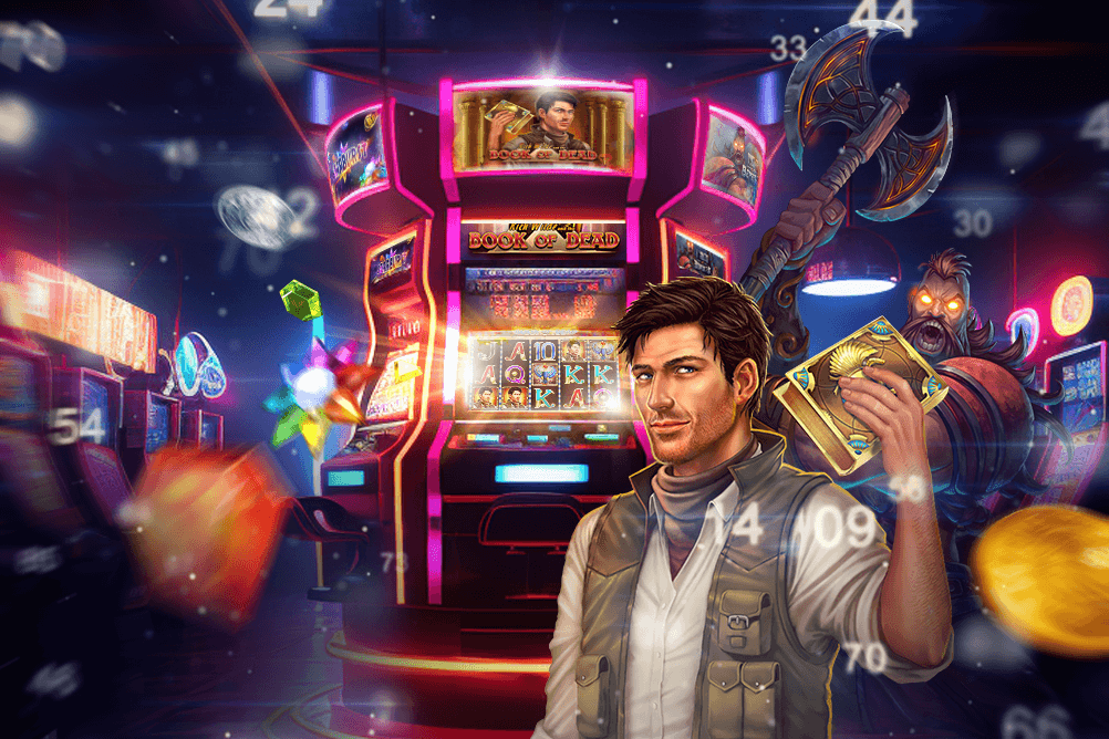 Book of Dead Charakter steht vor Slotautomaten und in der Luft schweben Zahlen eines Zufallsgenerators