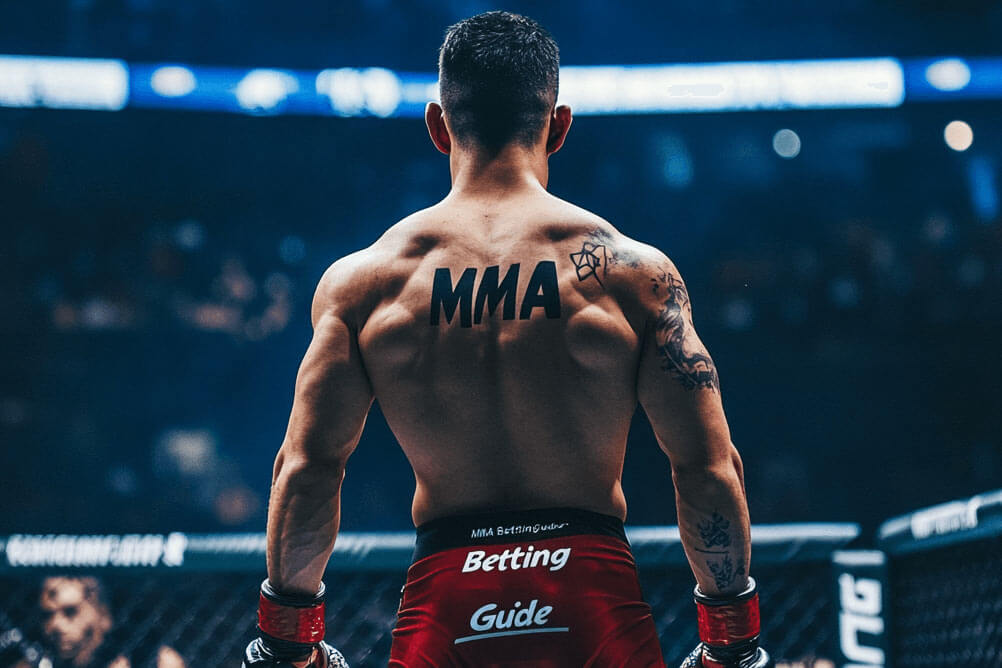 Ein muskulöser MMA-Kämpfer steht im Käfig, dem Publikum zugewandt, mit „MMA“-Tattoo auf dem Rücken und Betting Guide Logo auf seiner Shorts.