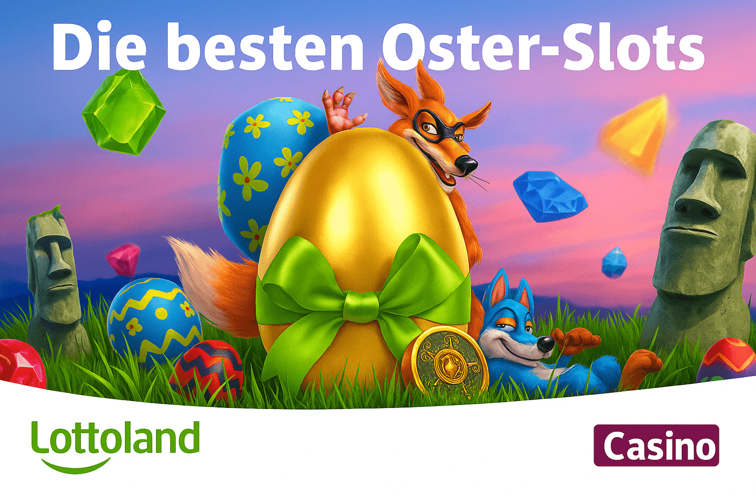 Buntes Lottoland-Osterbanner mit goldenen Osterei, lachendem Fuchs, Osterdeko, Edelsteinen und dem Text "Die besten Oster-Slots", sowie dem Lottoland Casino-Logo.