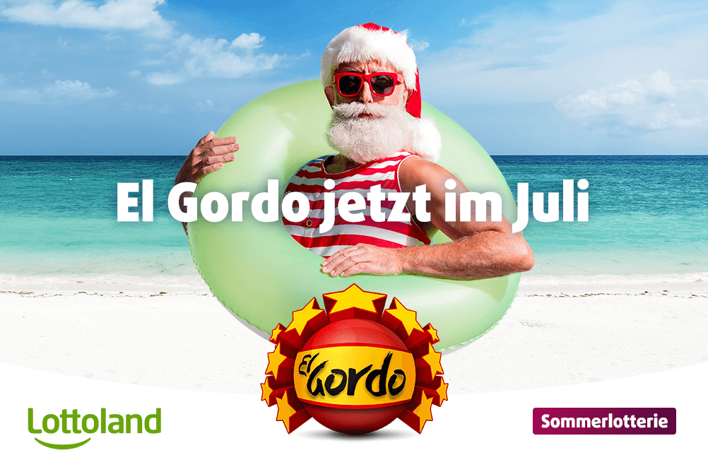 Bild zeigt einen Weihnachtsmann mit Badering und Badekleidung am Strand und die El Gordo Lottoland Sommerlotterie Logos