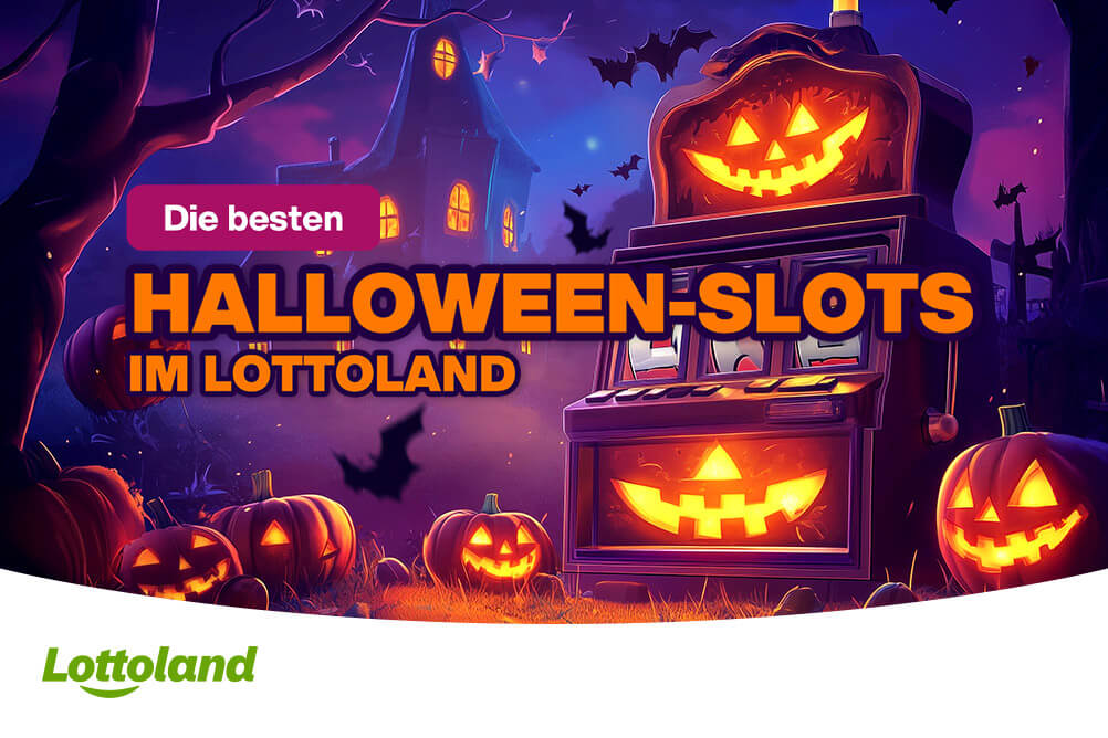 Bild zeigt Kürbis Slotautomat mit gruseligem Hintergrund mit der Überschrift Die besten Halloween Slots im Lottoland 
